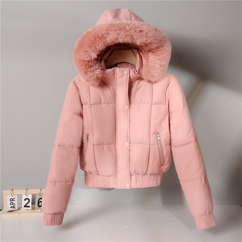 Dames korte gewatteerde hoodie met kunstbontkraag