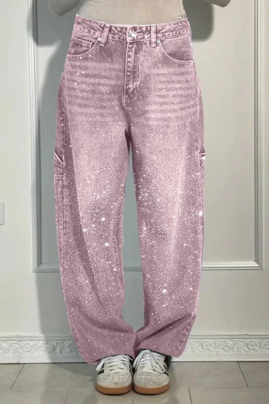 Dames Hoge Taille Rechte Jeans met Glitter