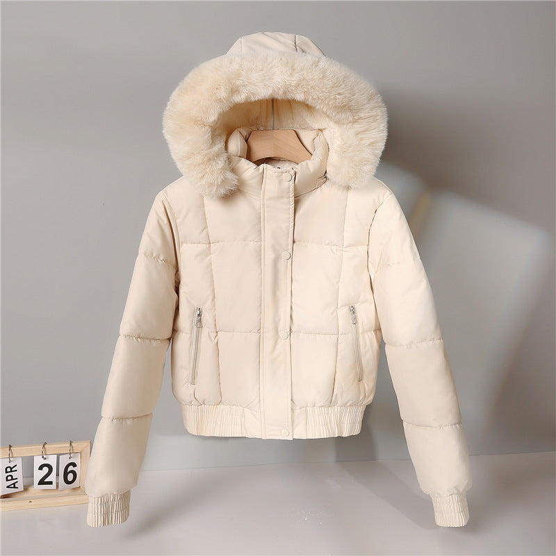 Dames korte gewatteerde hoodie met kunstbontkraag