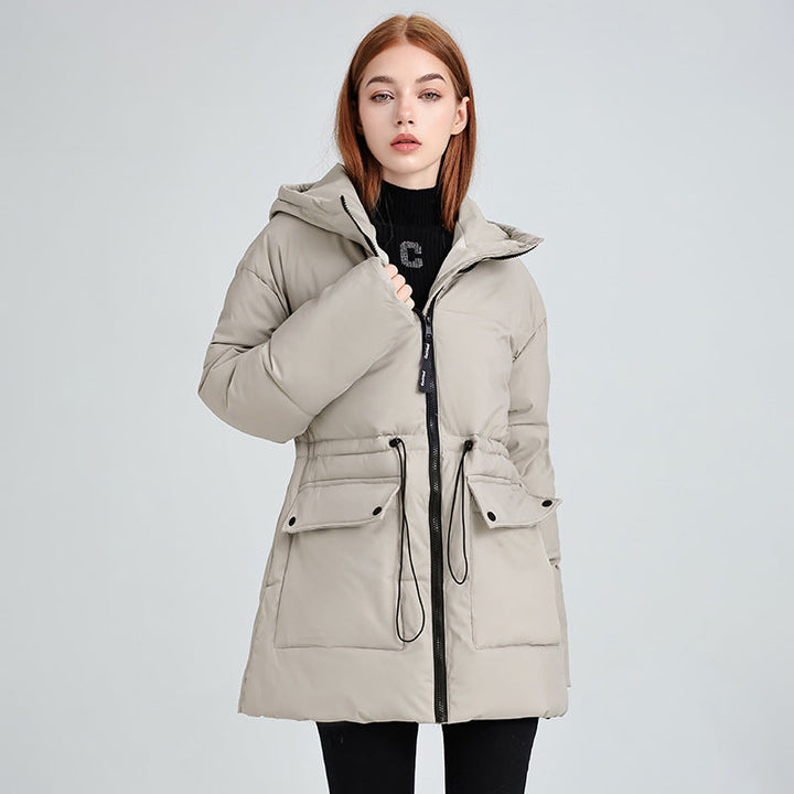 Dames middellange thermoparka met taillering tunnelkoord en capuchon
