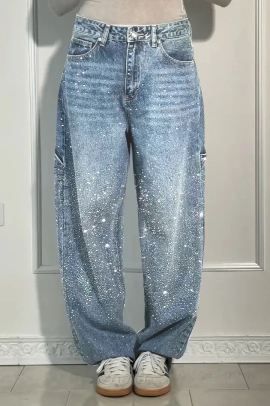 Dames Hoge Taille Rechte Jeans met Glitter