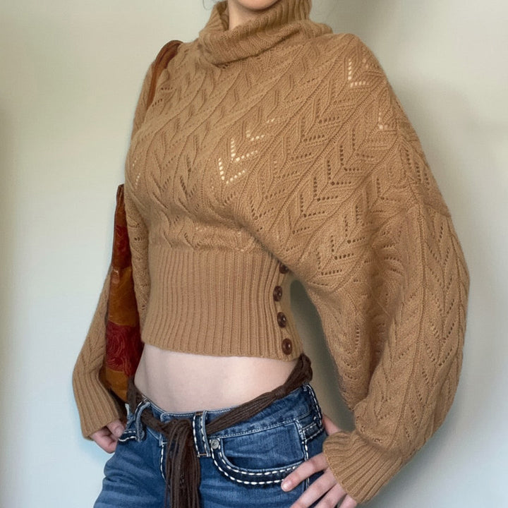 Dames Cropped lange mouwen-Turtleneck-Pullover met Knopen
