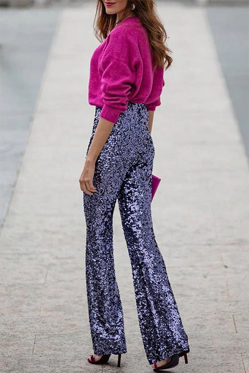 Dames Glitter Pailletten Flare Broek Met Elastische Taille