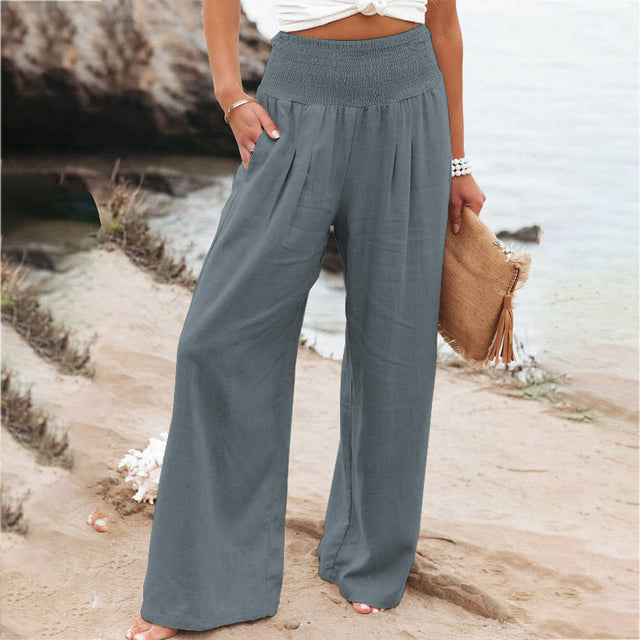 Broek Met Gesmokte Taille En Wijde Pijpen Voor Dames
