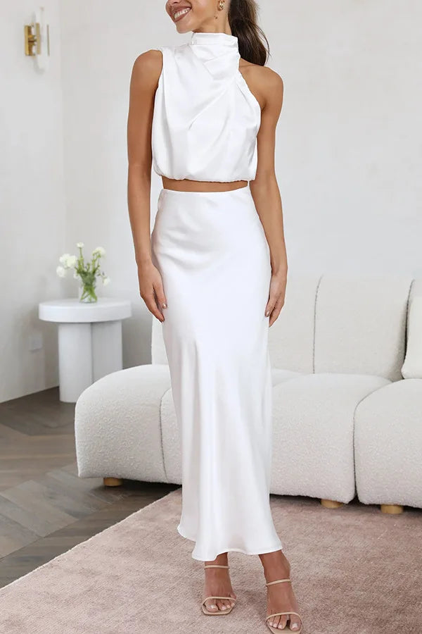 Leila - Satijnen halter maxi jurk