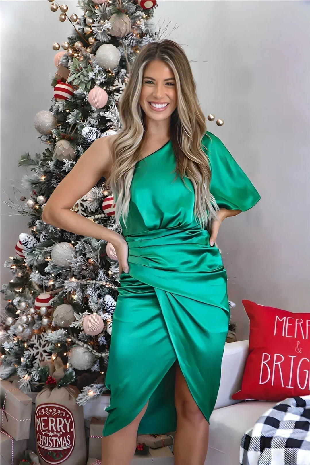 Anouk - Off-Shoulder Satijnen Midi-Jurk met Drapage
