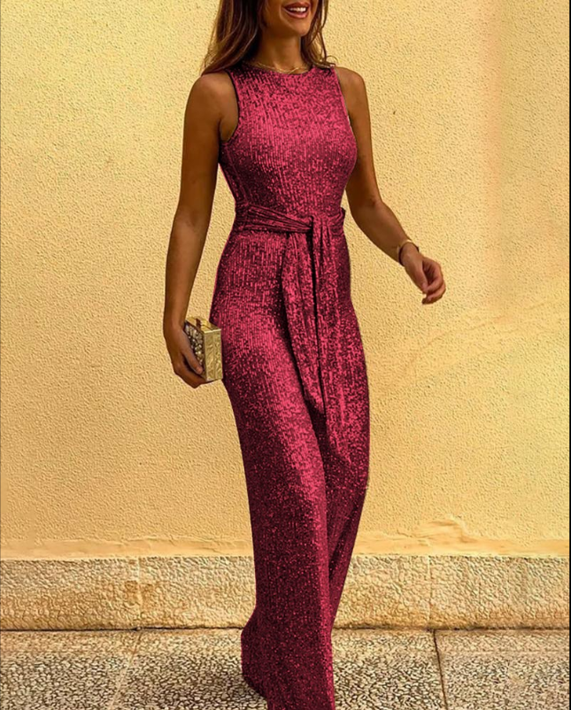 Mouwloze glitter jumpsuit voor vrouwen | ceintuur