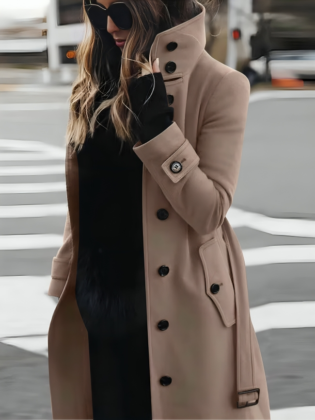Dames Elegante Trenchcoat met Hoge Kraag en Ceintuur