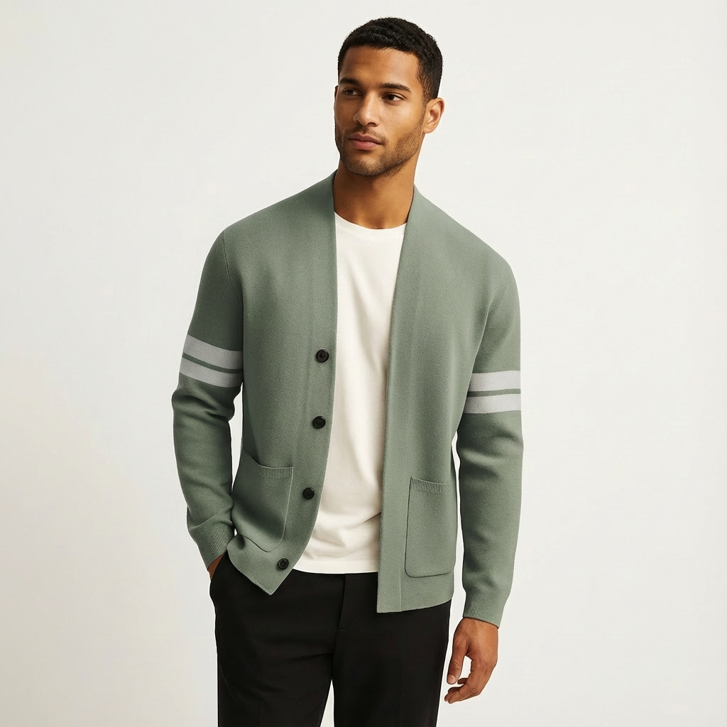 Klassieke Merino Heren Cardigan met Gestreepte Mouwen