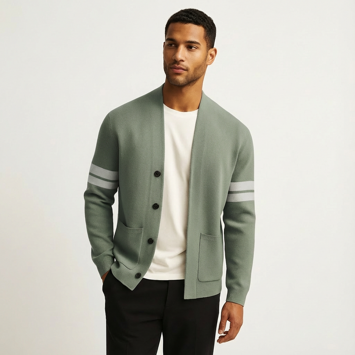 Klassieke Merino Heren Cardigan met Gestreepte Mouwen