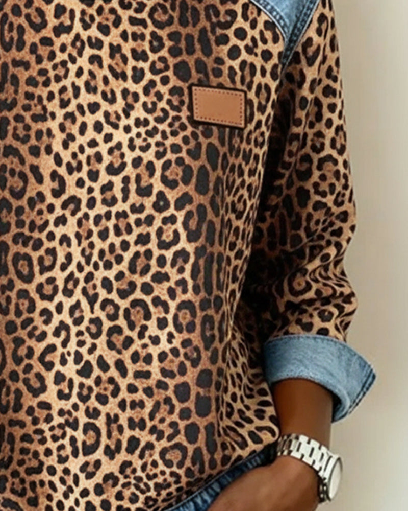 Dames Sweatshirt met Luipaardprint en Denim Patchwork