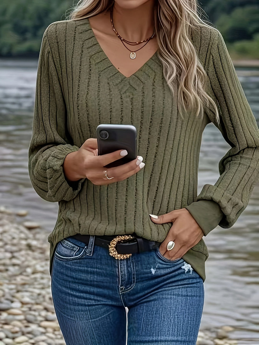 Joan - Stijlvolle Rib V-hals Sweatshirt