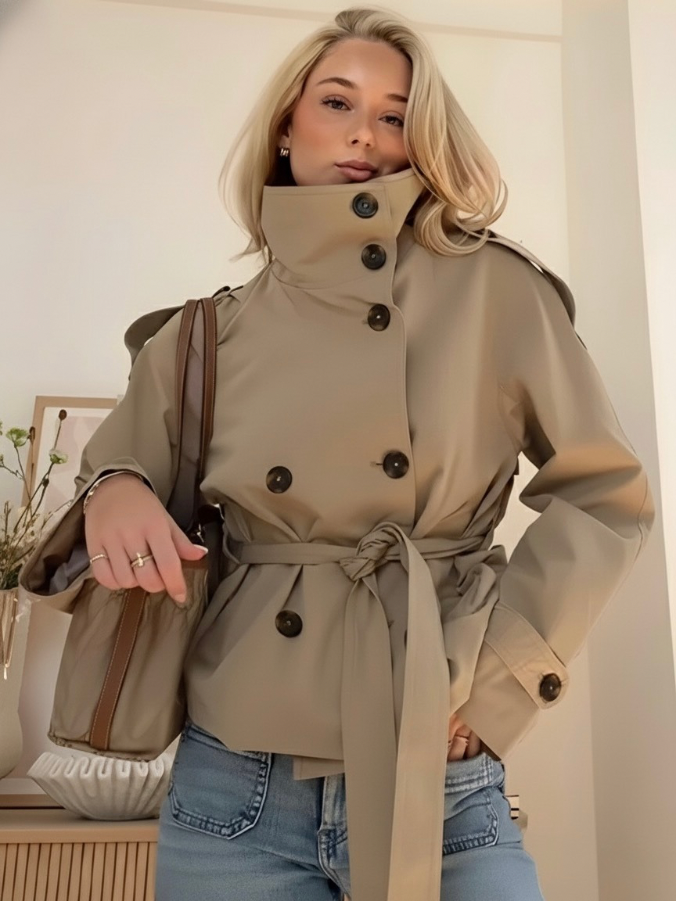 Dames Staande Kraag lange mouwenjacke met Ceintuur en Knopen
