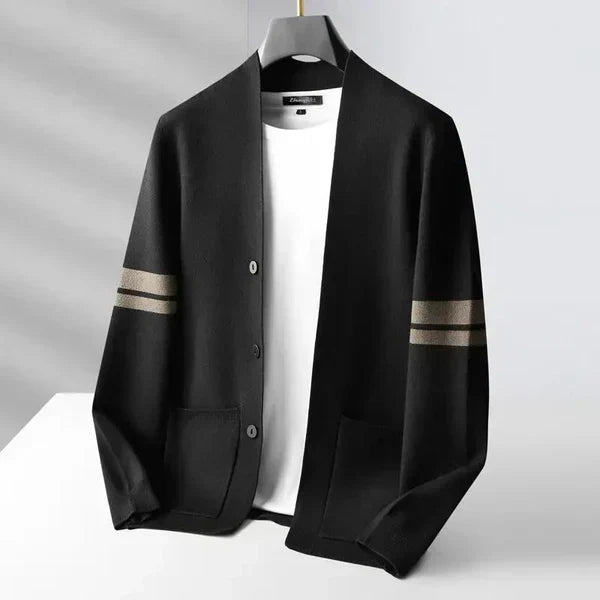 Klassieke Merino Heren Cardigan met Gestreepte Mouwen