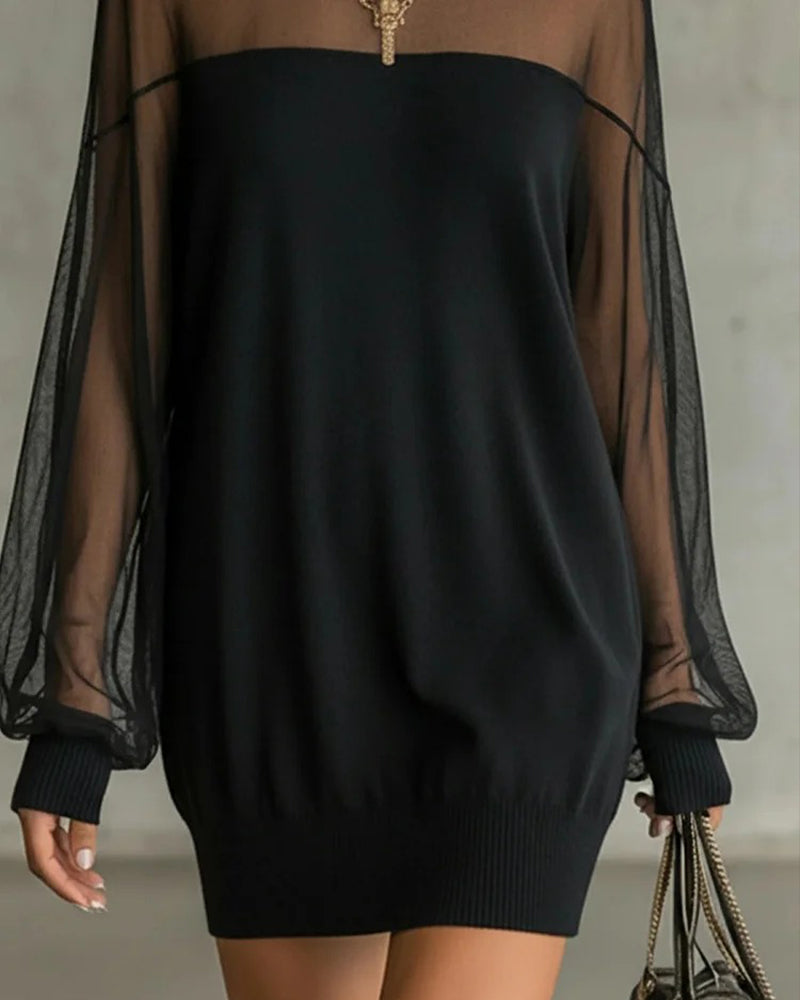 Casual patchwork jurk met lantaarnmouwen