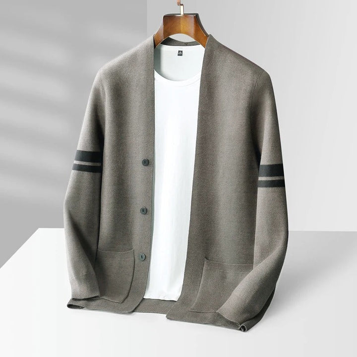 Klassieke Merino Heren Cardigan met Gestreepte Mouwen