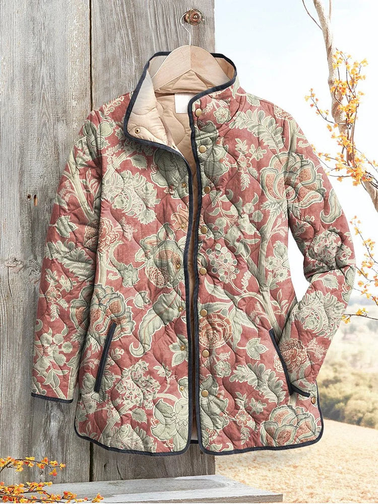 Dames Vintage Bloemenpatroon Druk Casual Gewatteerde Jas