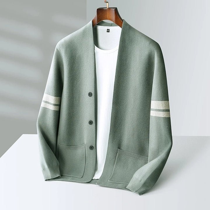 Klassieke Merino Heren Cardigan met Gestreepte Mouwen