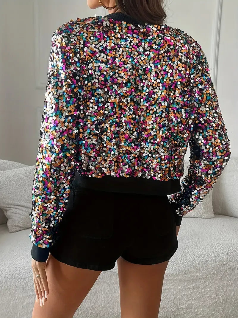 Vrouwen Pailletten Bomberjack Crop Top met Rits Multicolor