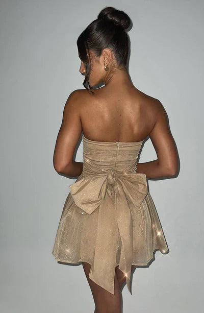 Strapless Glitter Mini Jurk Met Grote Strik Cocktail Feest Voor Dames