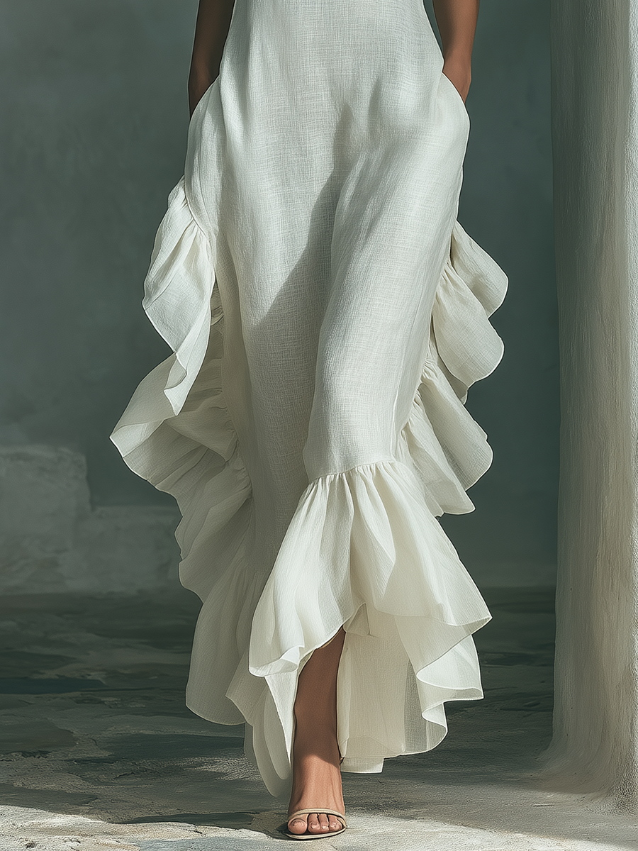 Maxi Jurk Dames Linnen Ronde Hals Ruches Asymmetrisch