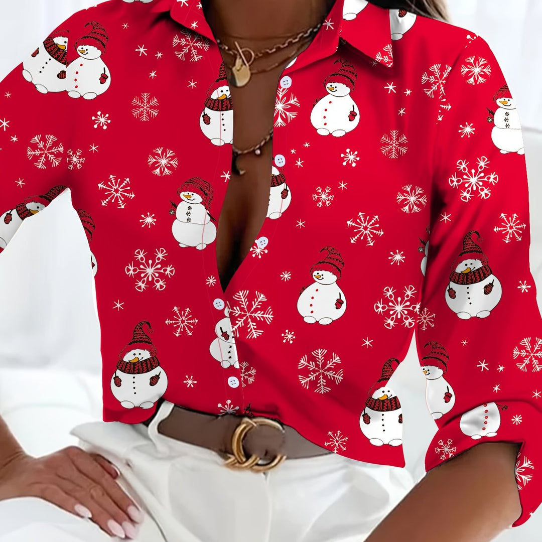 Nina | Schattig kerst sneeuwman print blouse met lange mouwen