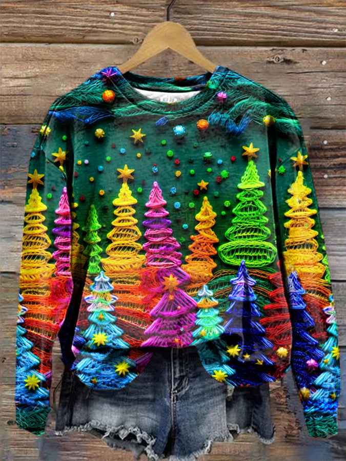 Dames Kerstboom-Print Lange Mouw Sweatshirt