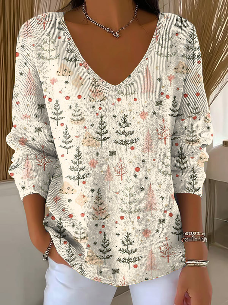 Dames V-Hals Merry Christmas Print Ripp-Top