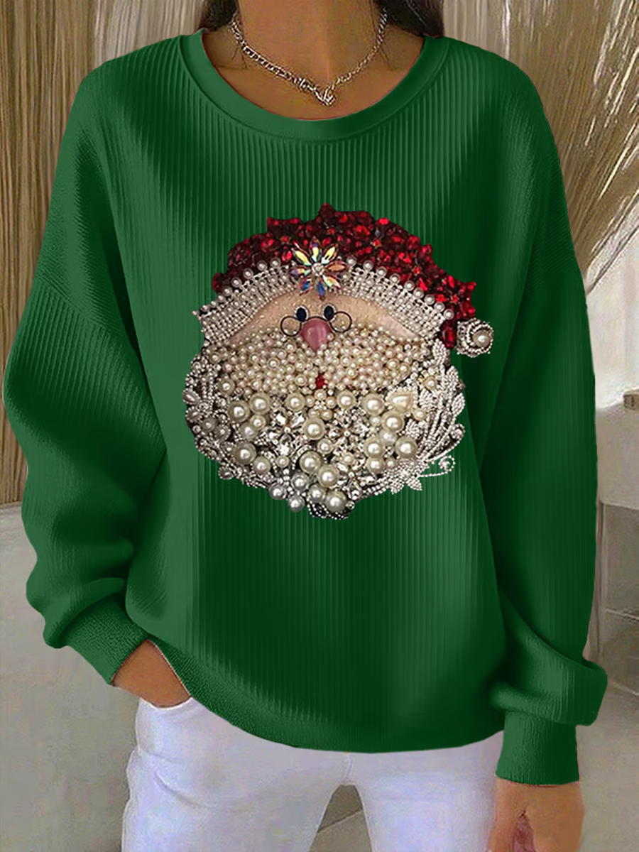 Dames Santa Claus Bedrukte Geribbelde Ronde Hals Sweatshirt