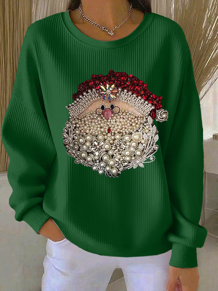 Dames Santa Claus Bedrukte Geribbelde Ronde Hals Sweatshirt