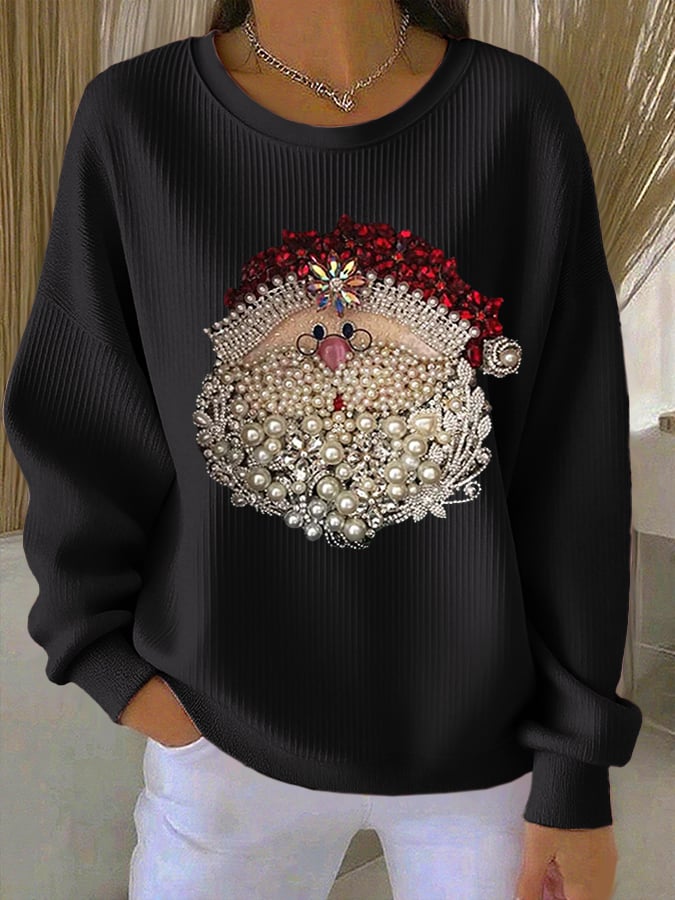 Dames Santa Claus Bedrukte Geribbelde Ronde Hals Sweatshirt