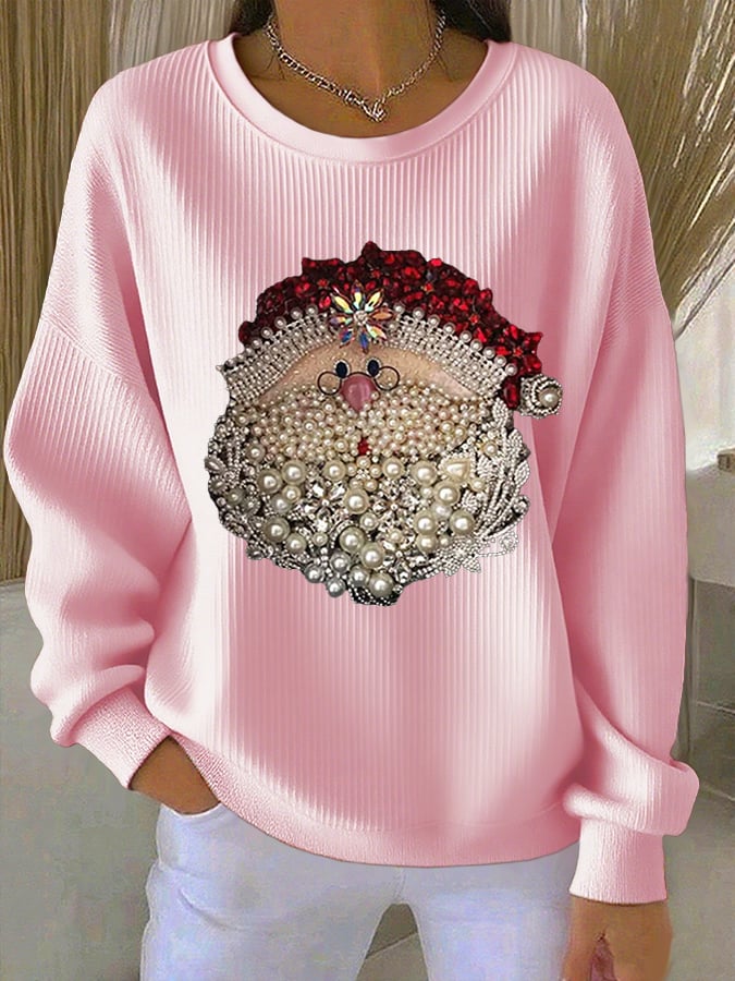 Dames Santa Claus Bedrukte Geribbelde Ronde Hals Sweatshirt