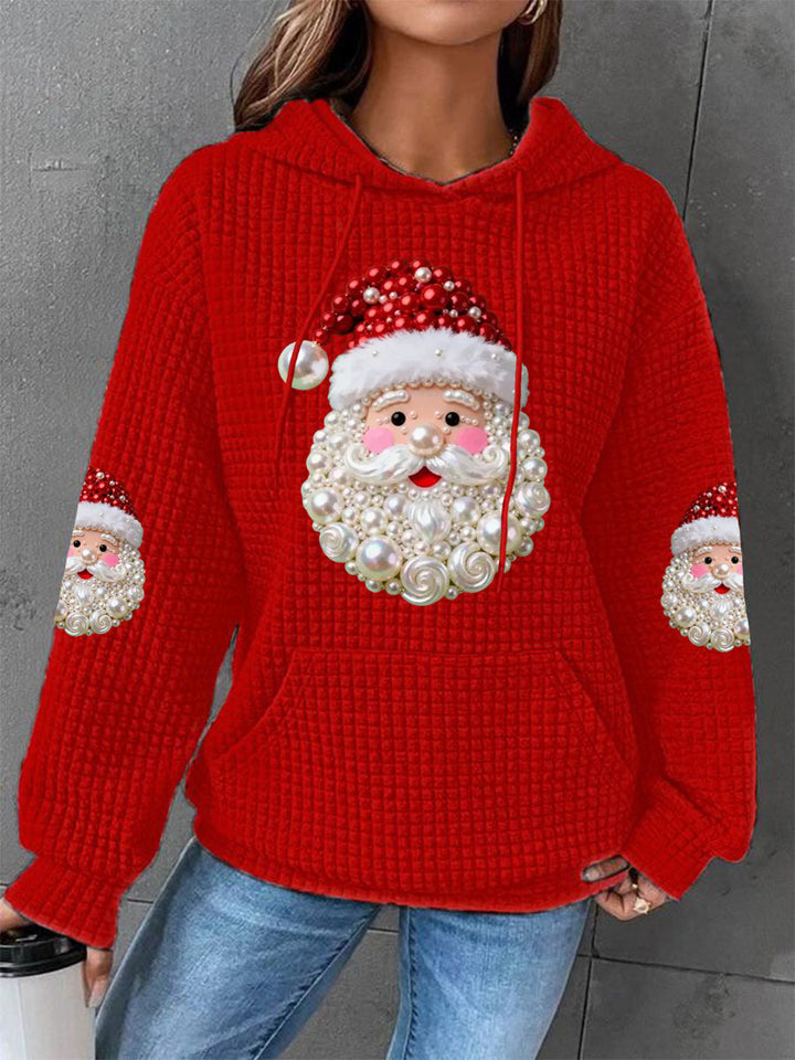Dames Kerstparels Santa Claus Druk Casual Wafel Hoodie