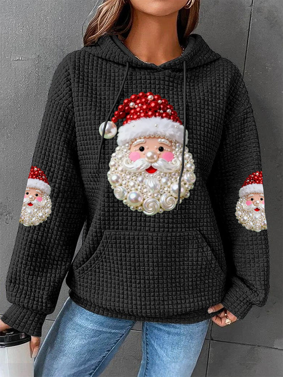 Dames Kerstparels Santa Claus Druk Casual Wafel Hoodie