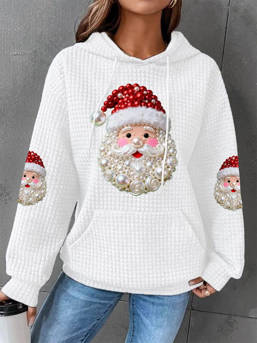 Dames Kerstparels Santa Claus Druk Casual Wafel Hoodie