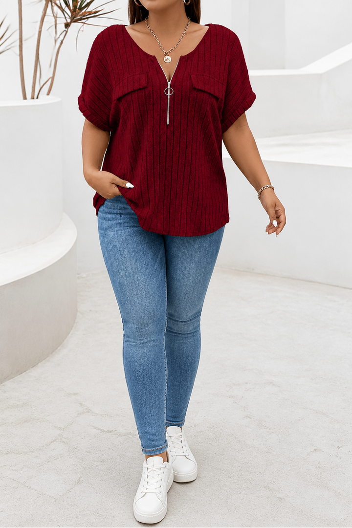 Veloura – Ribbels Adjustable Zip-Neck Knit Top