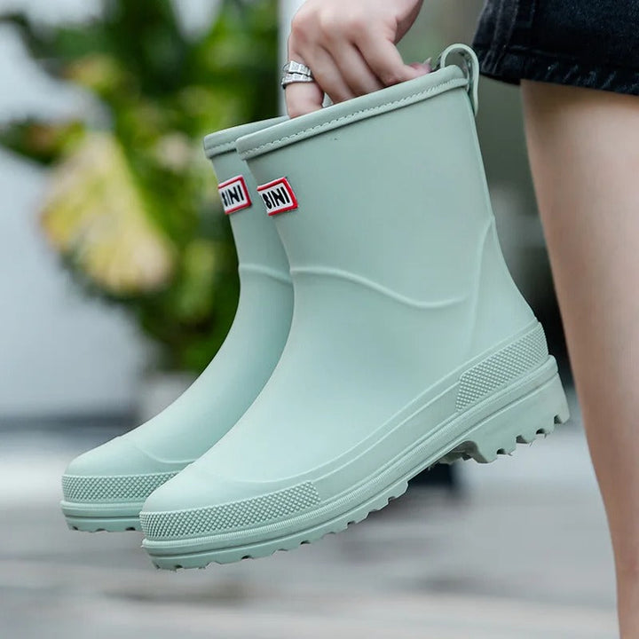 Trendy Waterdichte Halfhoge Regenlaarzen Met Antislip Zool Voor Vrouwen