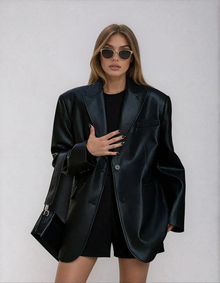 Dames Oversized Faux Leather Blazer Jas
