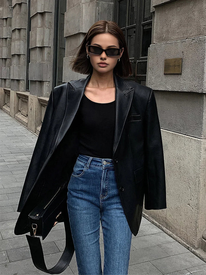Dames Oversized Faux Leather Blazer Jas