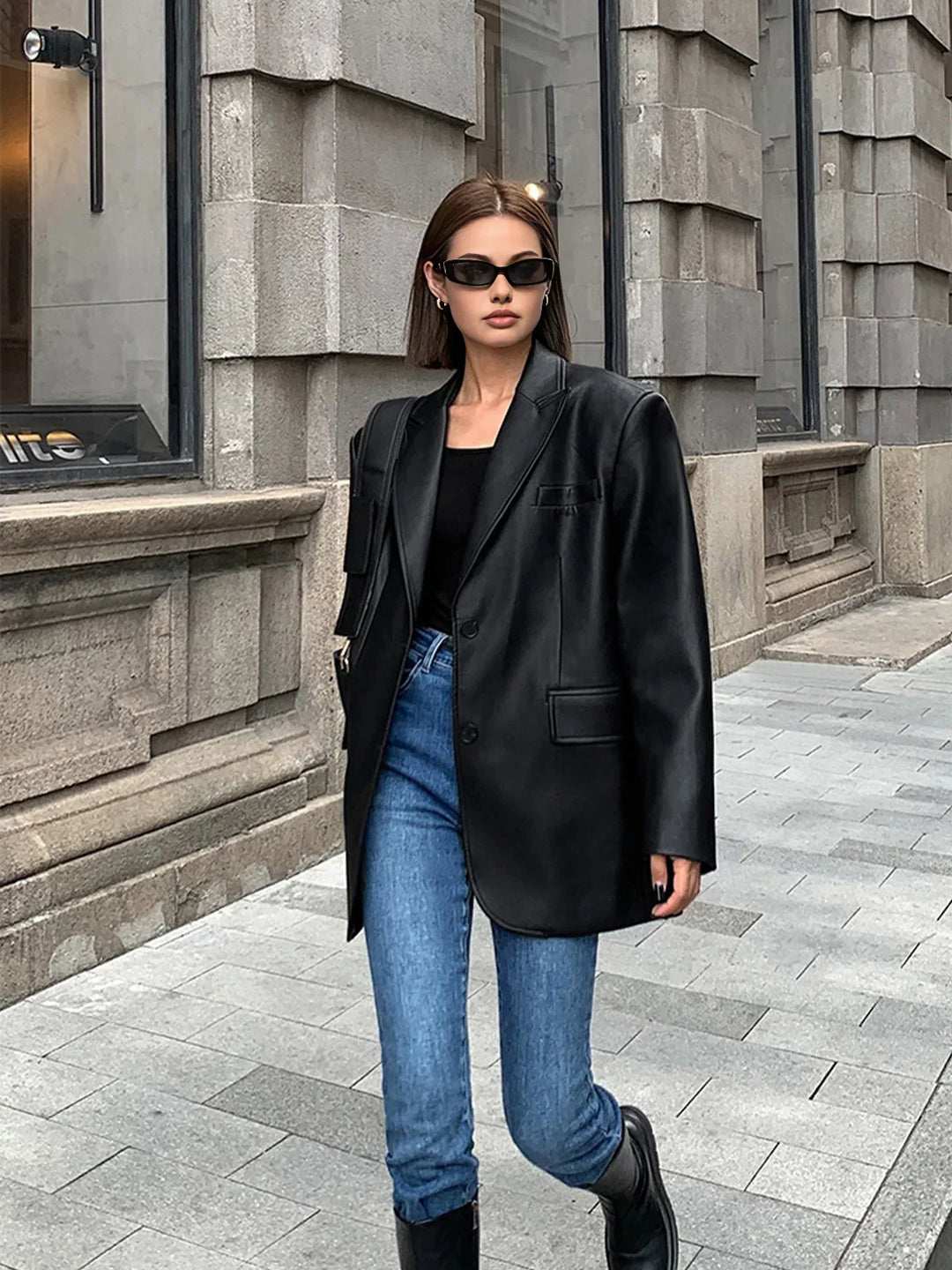 Dames Oversized Faux Leather Blazer Jas
