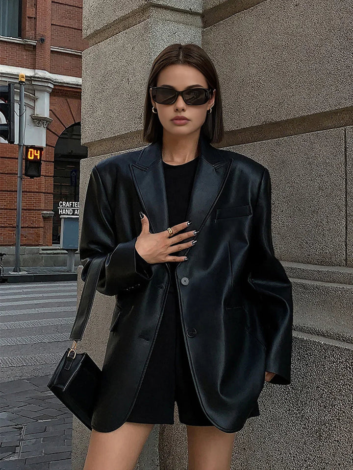 Dames Oversized Faux Leather Blazer Jas