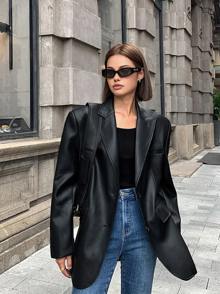 Dames Oversized Faux Leather Blazer Jas