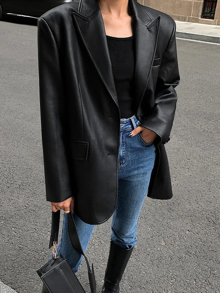 Dames Oversized Faux Leather Blazer Jas