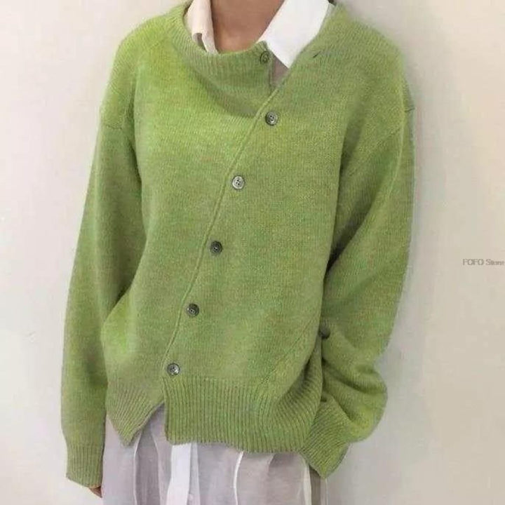 Dames Casual Gebreide Trui met Off-Center Knopen en Geribbelde Afwerking