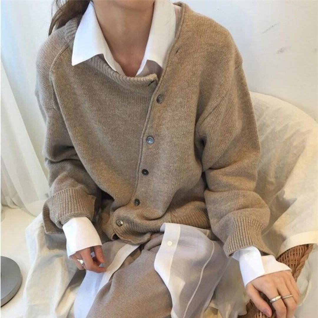 Dames Casual Gebreide Trui met Off-Center Knopen en Geribbelde Afwerking