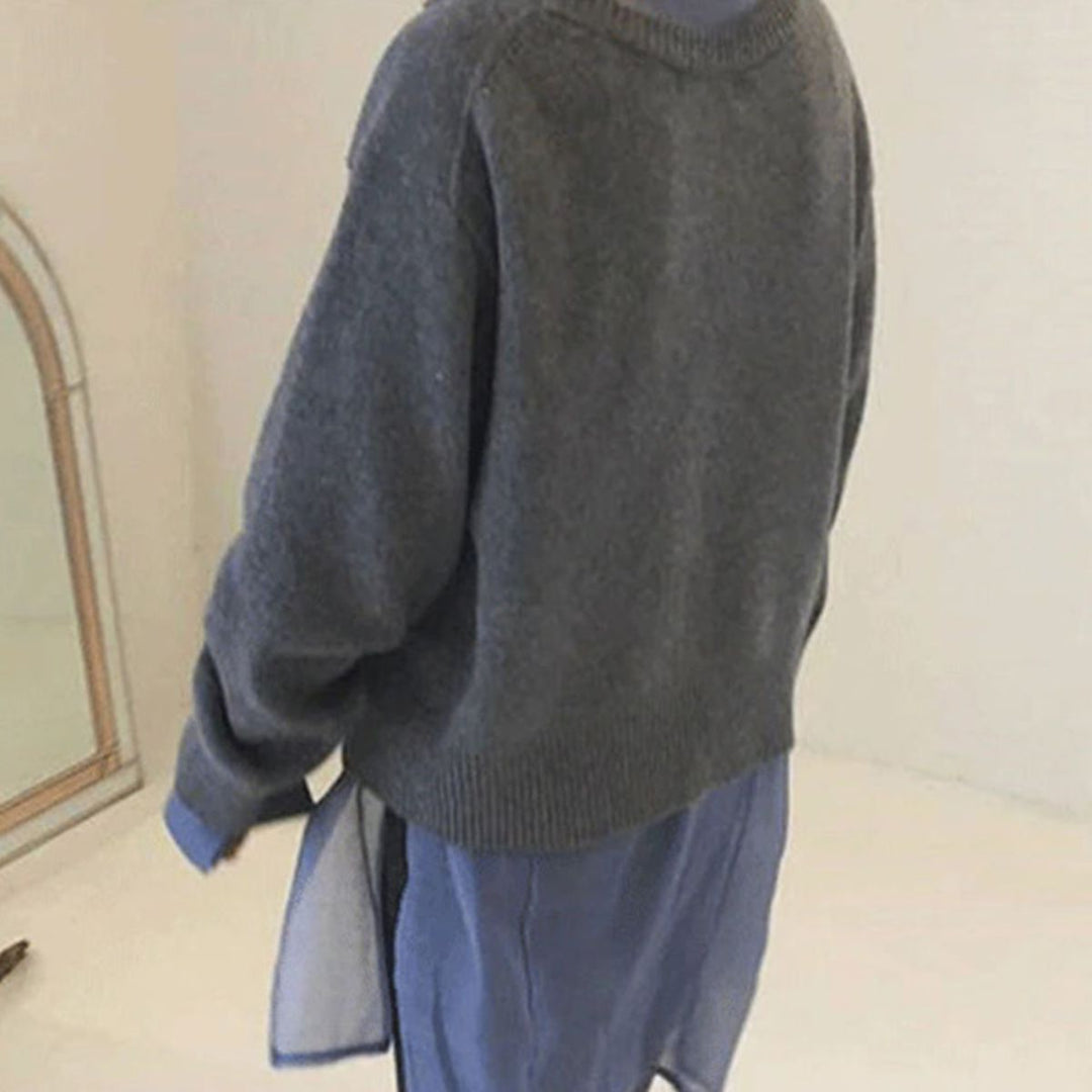 Dames Casual Gebreide Trui met Off-Center Knopen en Geribbelde Afwerking