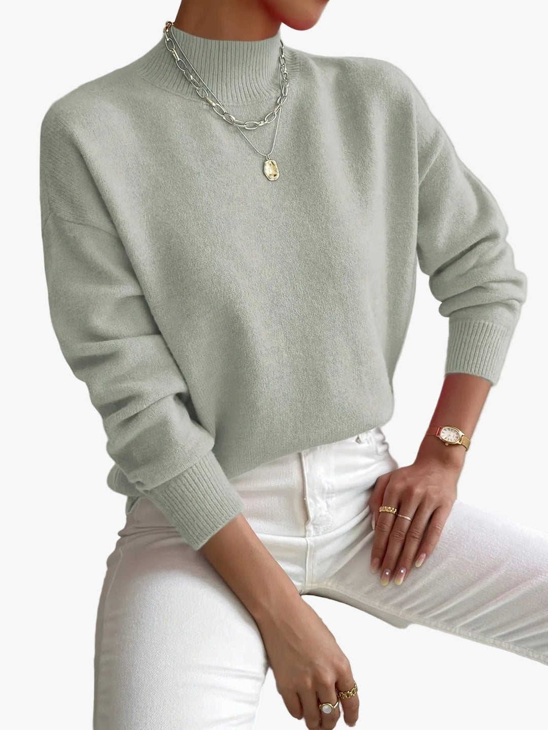 Dames Casual Gebreide Trui met Col en Geribbelde Afwerking