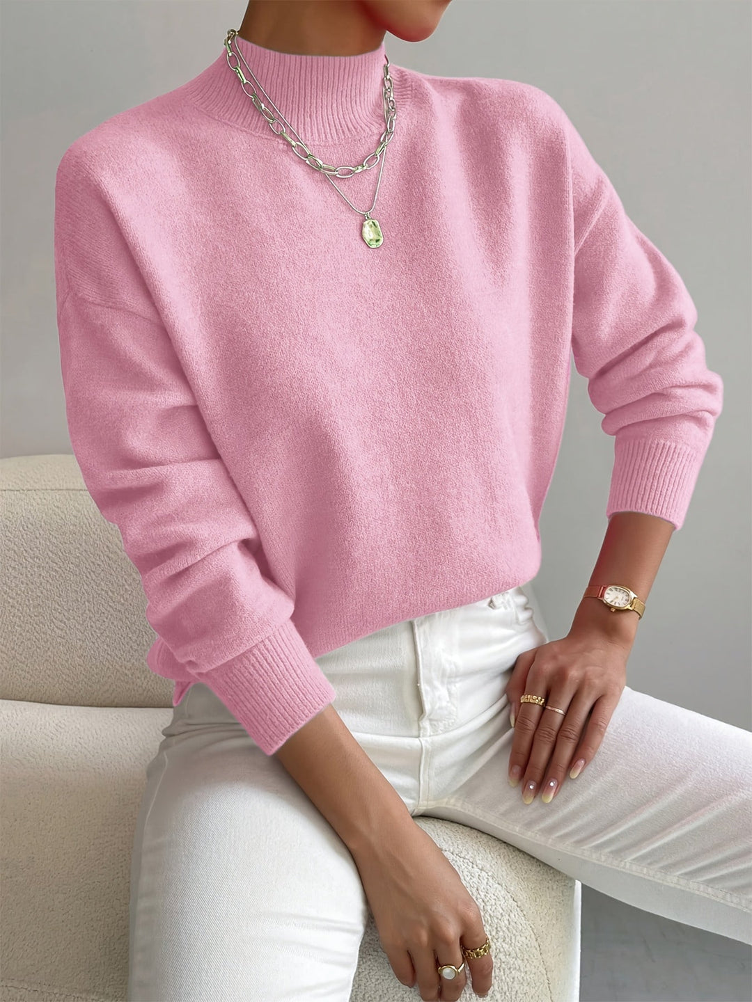 Dames Casual Gebreide Trui met Col en Geribbelde Afwerking