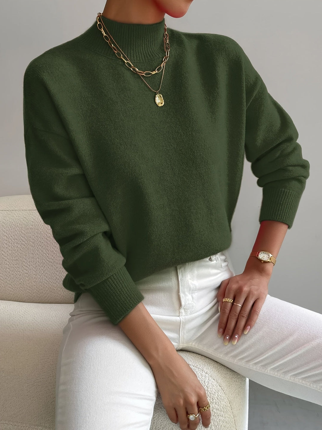 Dames Casual Gebreide Trui met Col en Geribbelde Afwerking