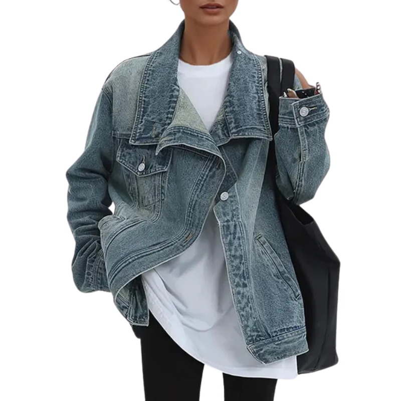 Dames Denim Jast met Asymmetrische Knopen en Staande Kraag